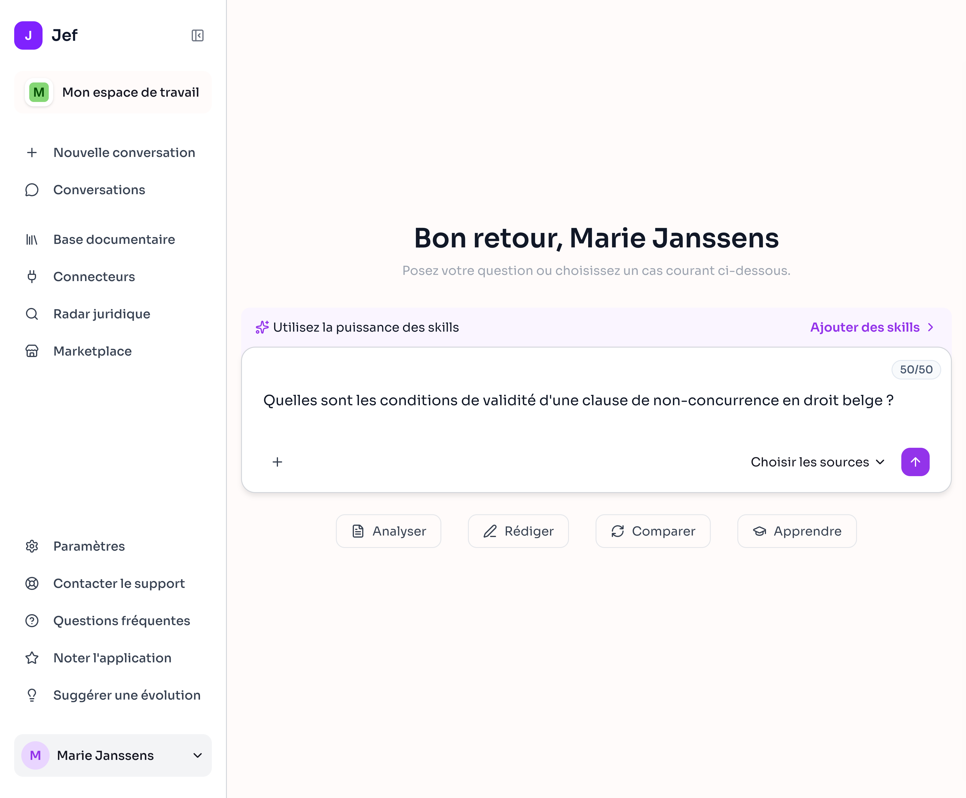 Interface de l'agent IA Jef